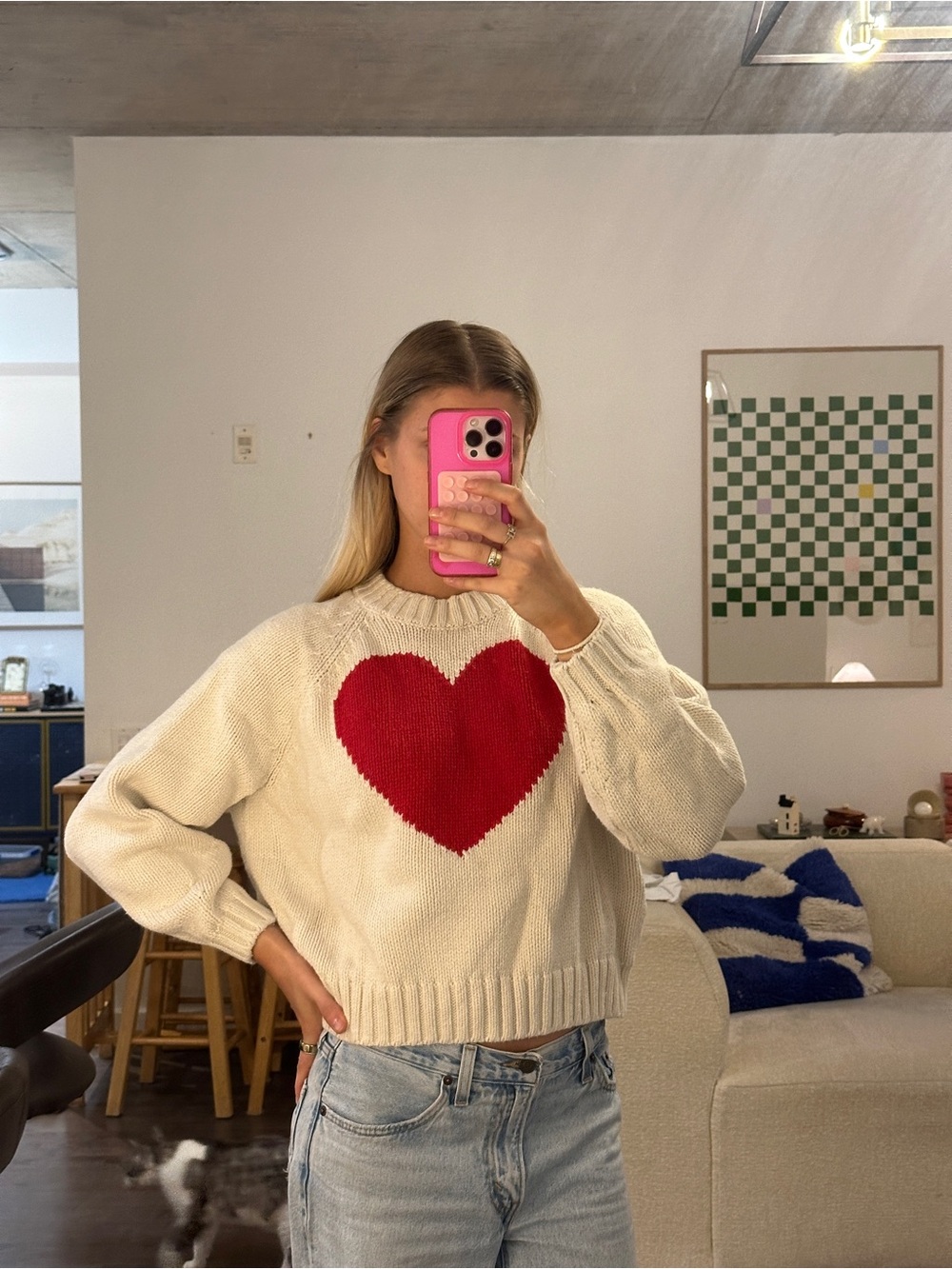 GAP Cream Crewneck Sweater with Red Heart